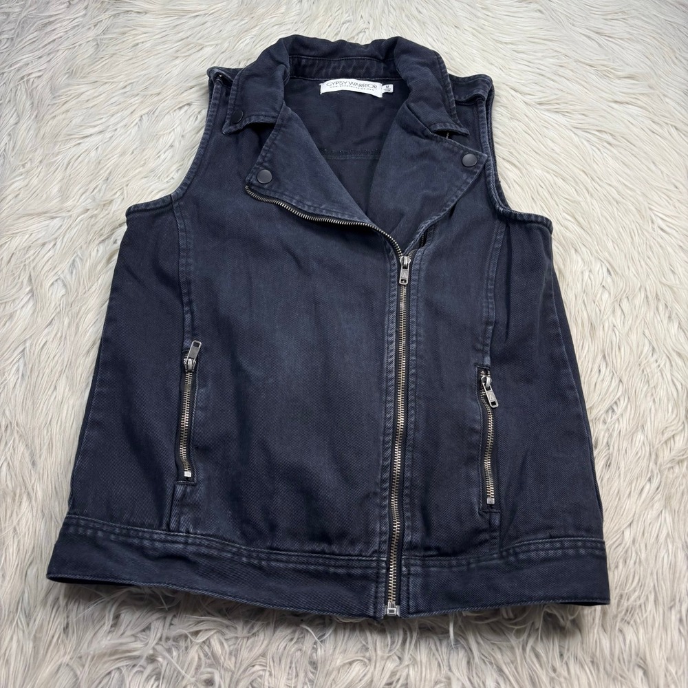 Gypsy Warriors Women's M Black Wash Denim Moto Vest Biker Alt Goth Rocker Punk